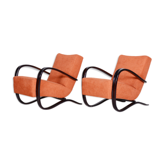 Pair of salmon H-269 armchairs designed by Halabala for UP zavody