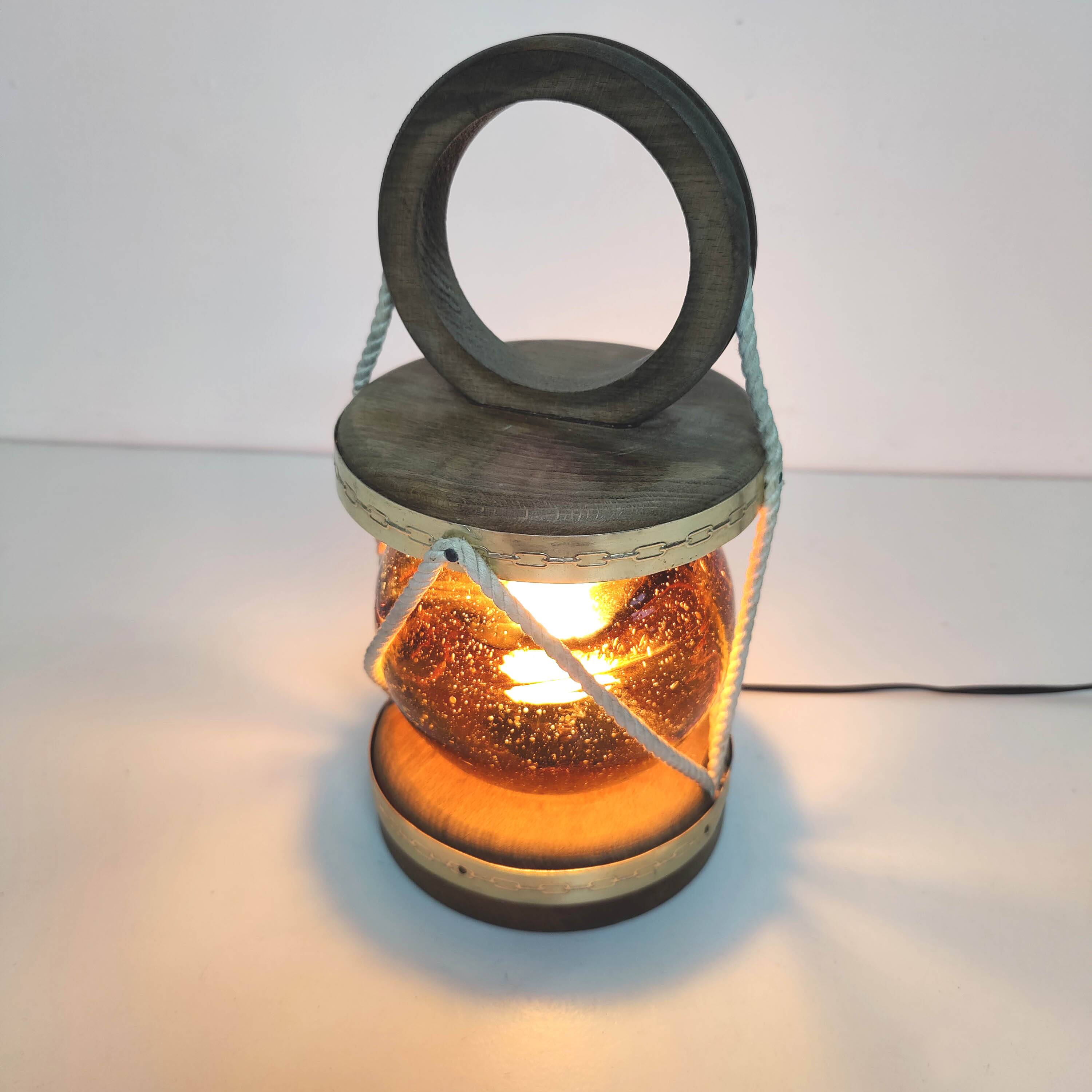 Marine lamp float amber blown glass wood and rope