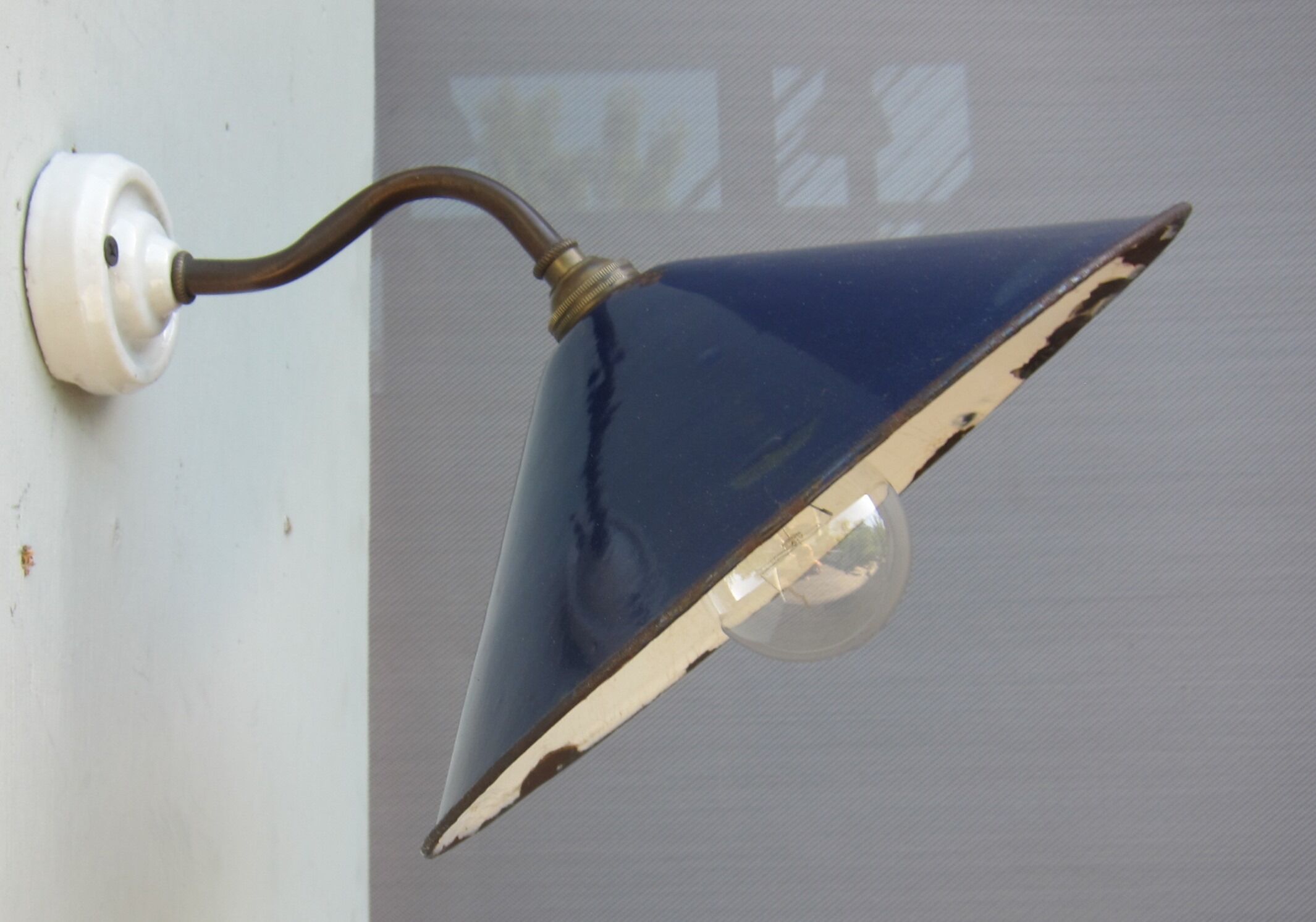 Wall lamp royal blue enamelled metal conical umbrella