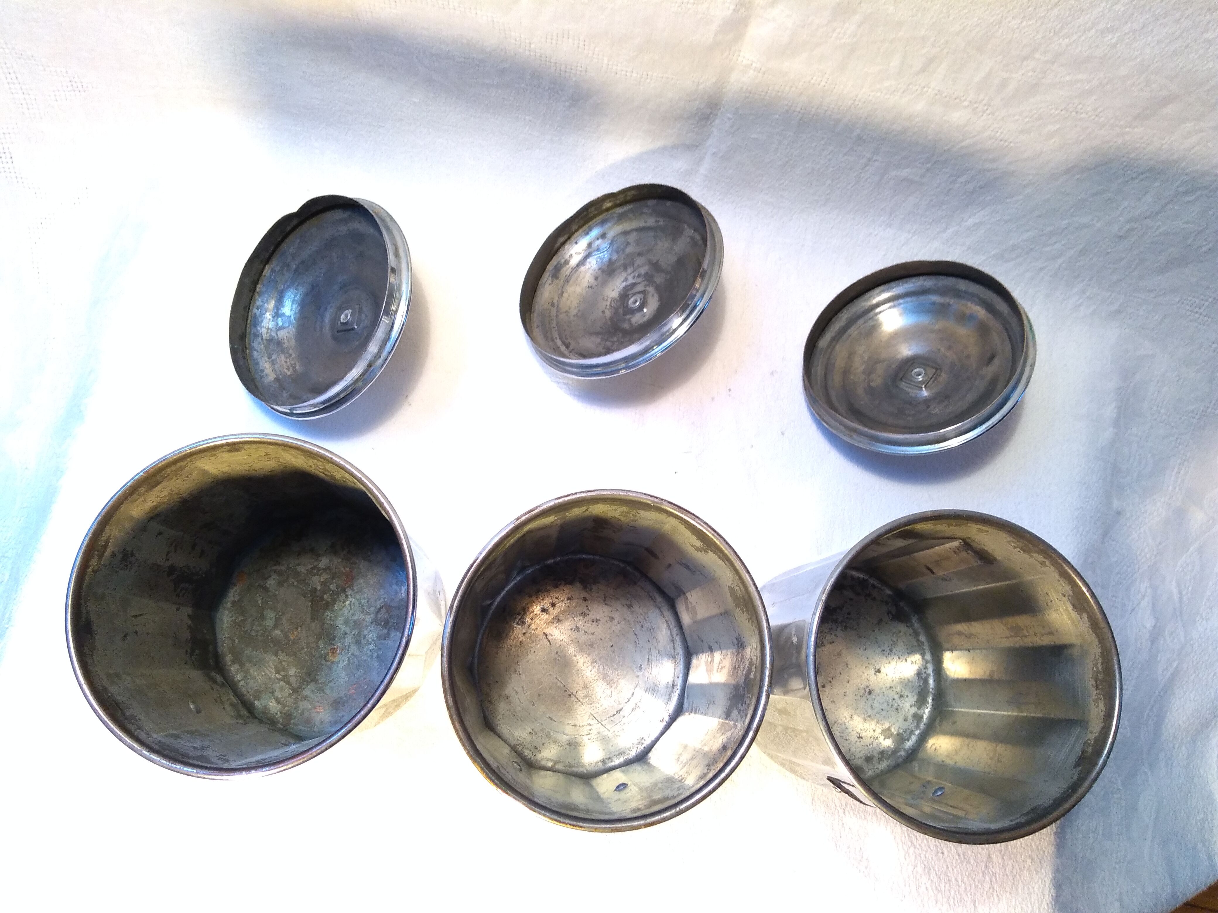 3 metal spice pots, 60s