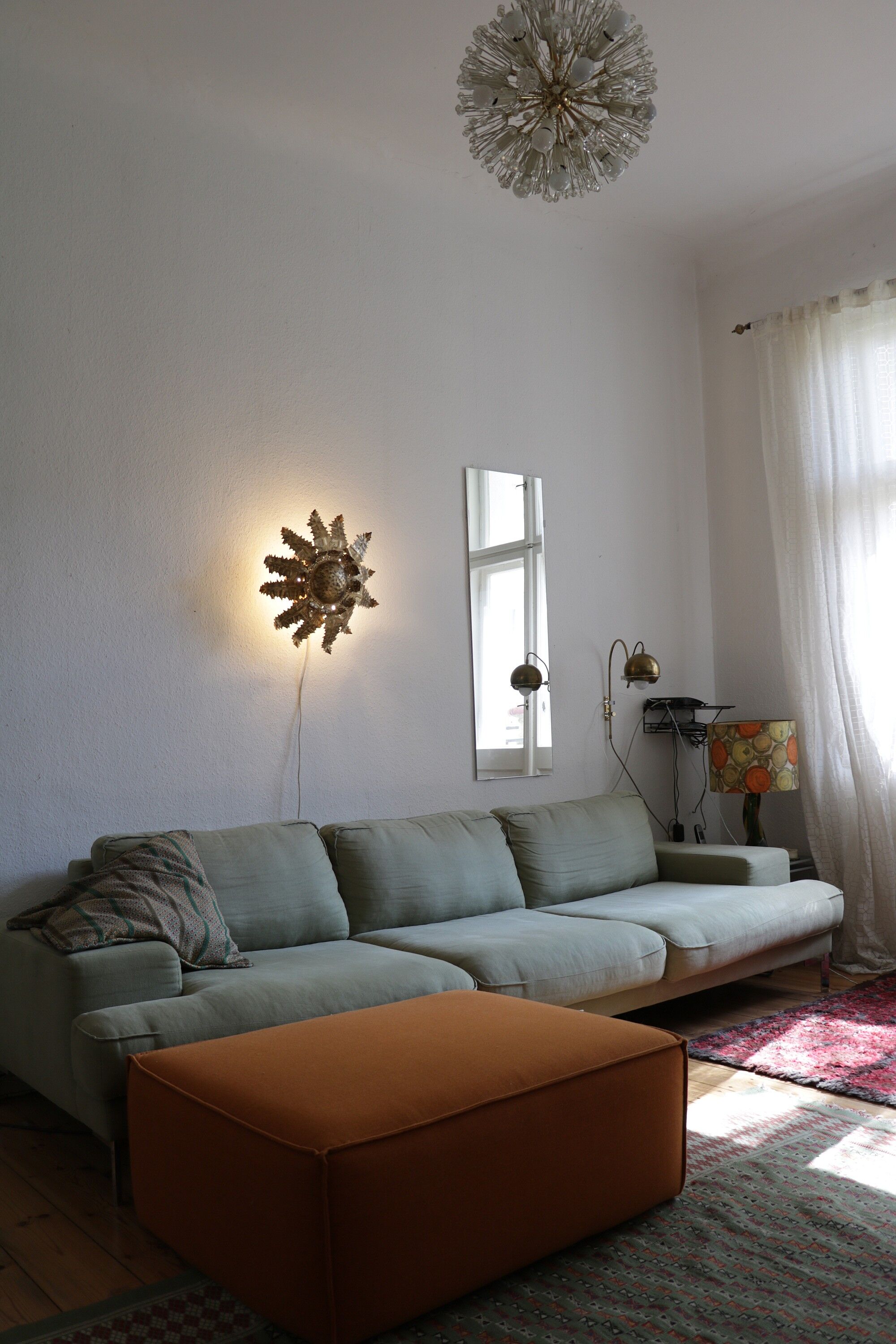 Vintage sunburst ceiling light, gold, floral pattern, 50s brutalism