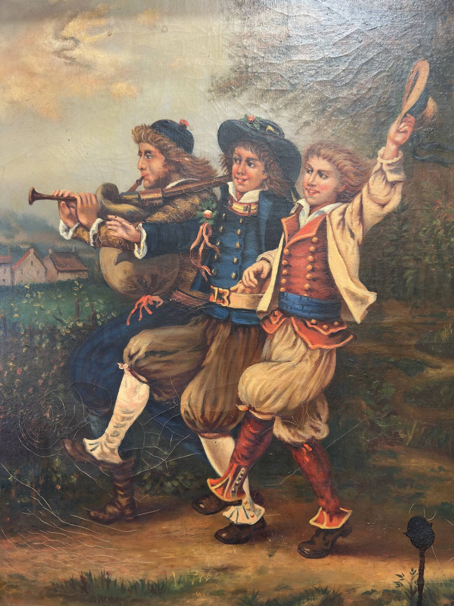 Oil on canvas 19th century – genre scene with musicians in costume
