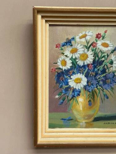 Mid-Century Oil on Panel “ Vase” by Sascher, Signed, Vintage & Framed 17 × 22cm