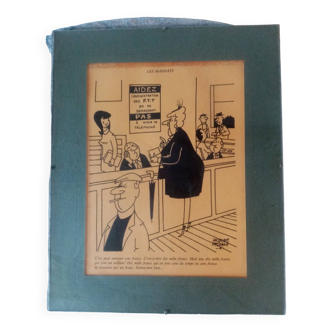 Superb and rare engraving under glass signed Jacques Faizant, theme "the post office"