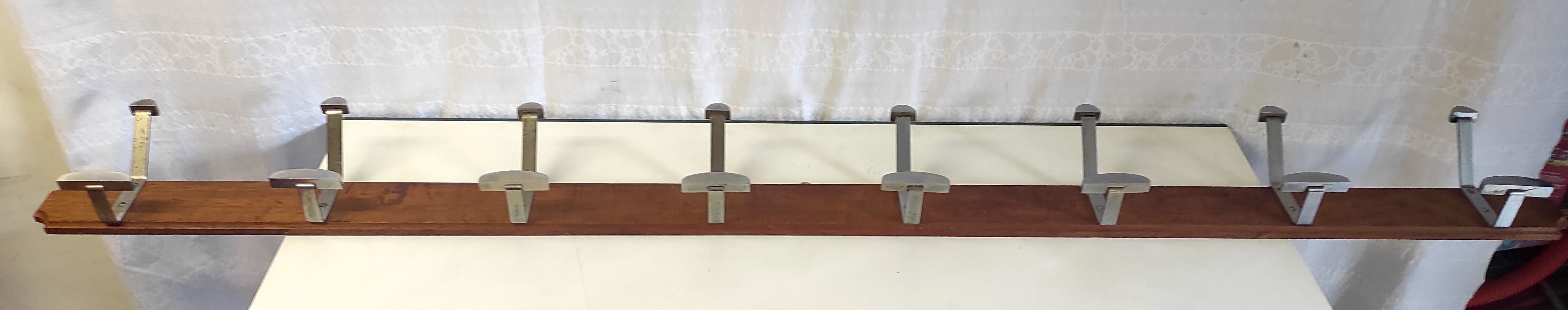 Wooden wall coat rack and chrome hooks – 60s