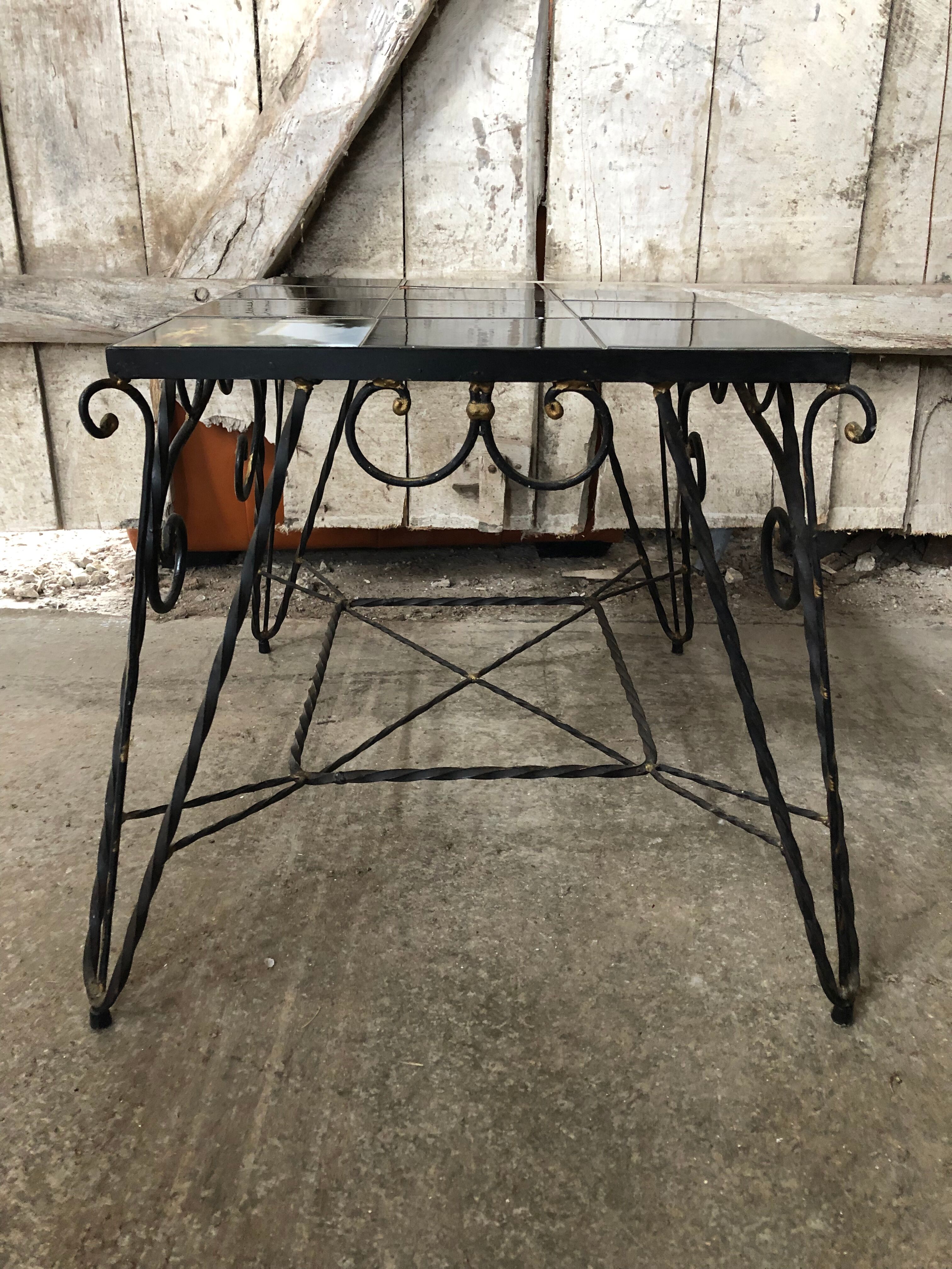 Old Coffee Table Wrought Iron Black & Gold + Tray Ceramic Tiles Vintage