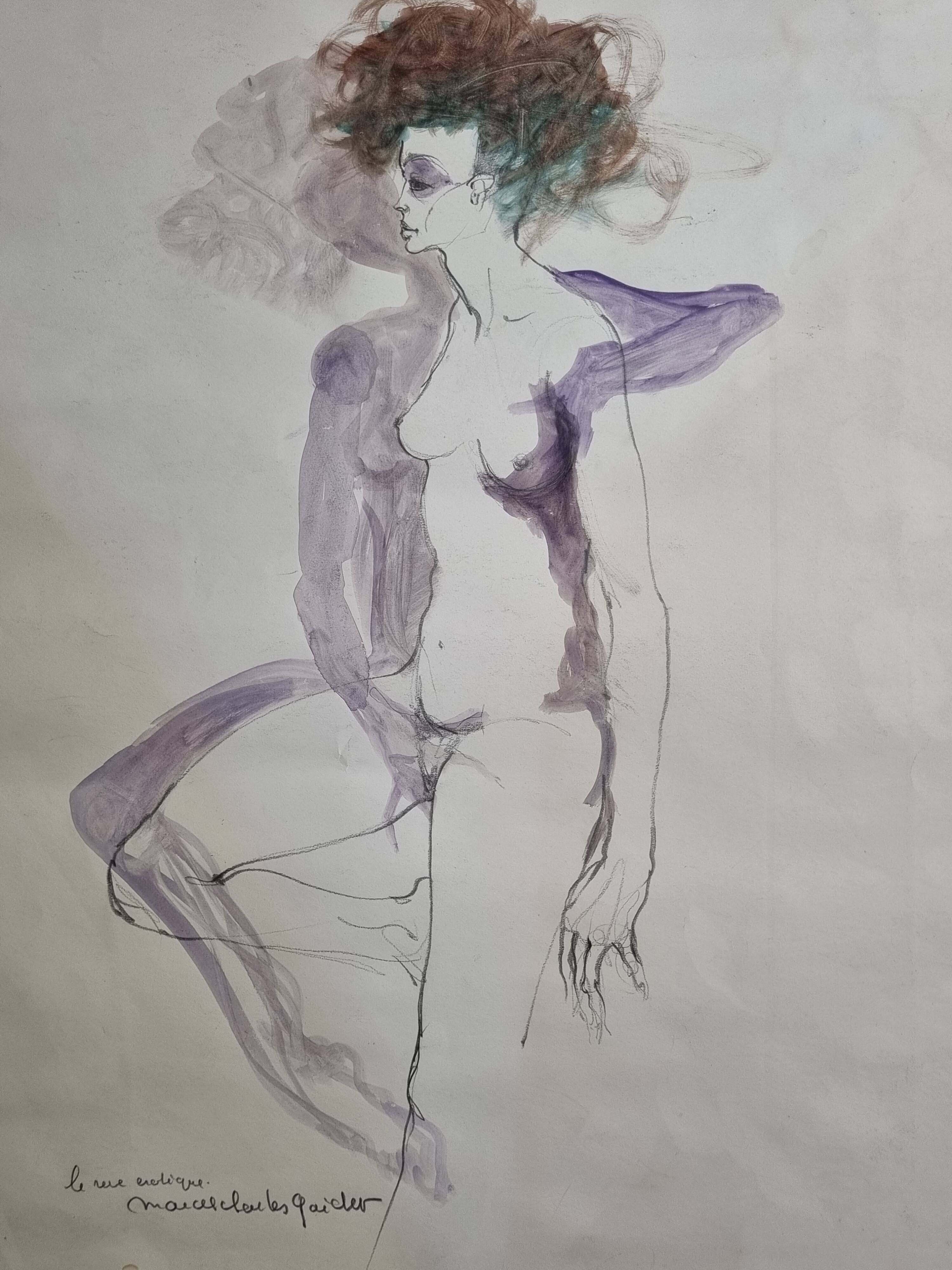 Original watercolor graphite sketch "the erotic dream" signed by Macel Charles Gaichet