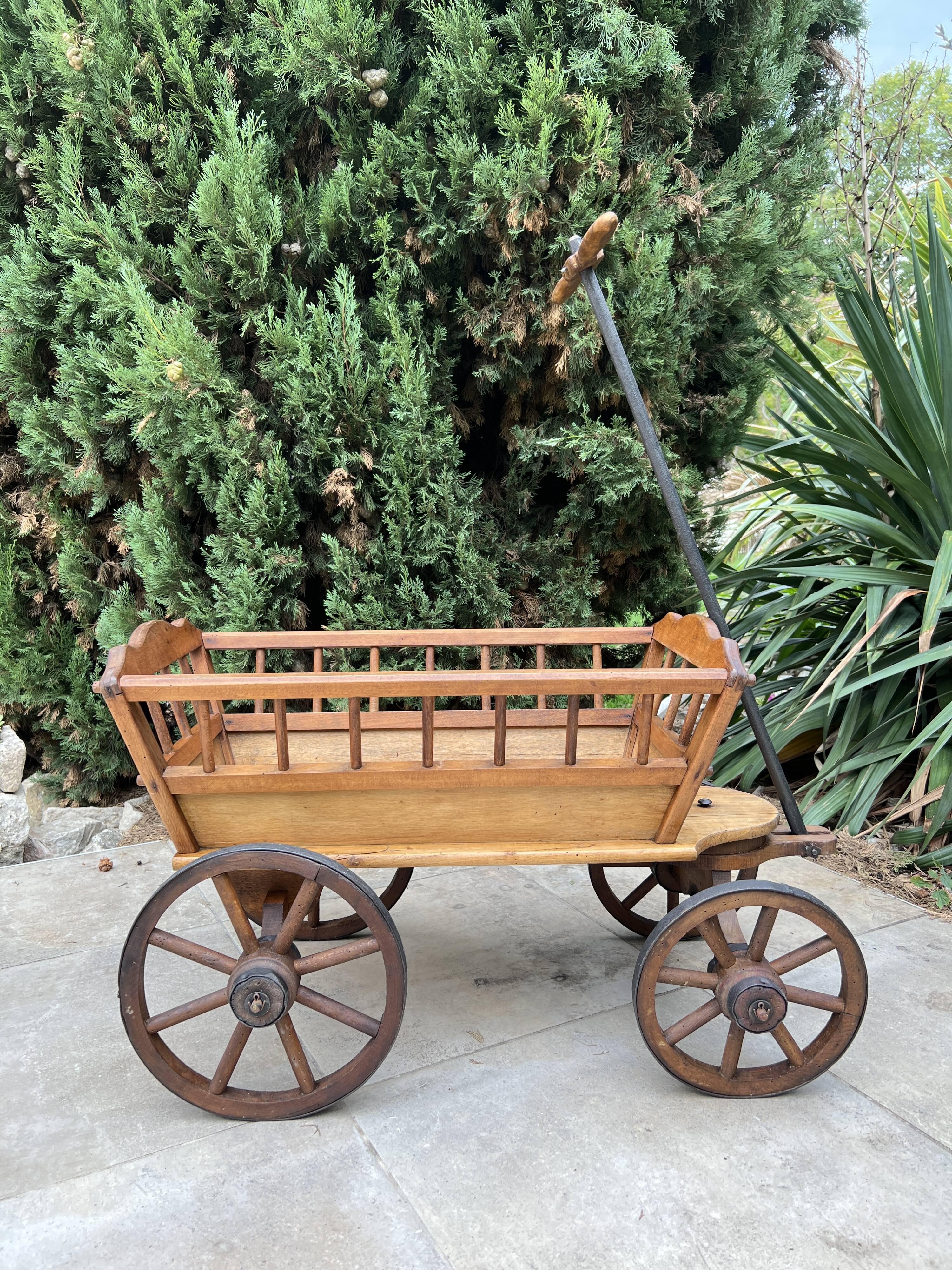 19th century cart in wood and wrought iron, garden cart, storage