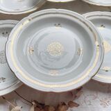 6 Vintage French porcelain soup plates with golden rosette pattern