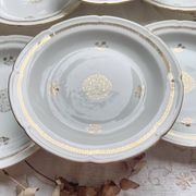 6 Assiettes creuses porcelaine vintage Française motif rosace dorées
