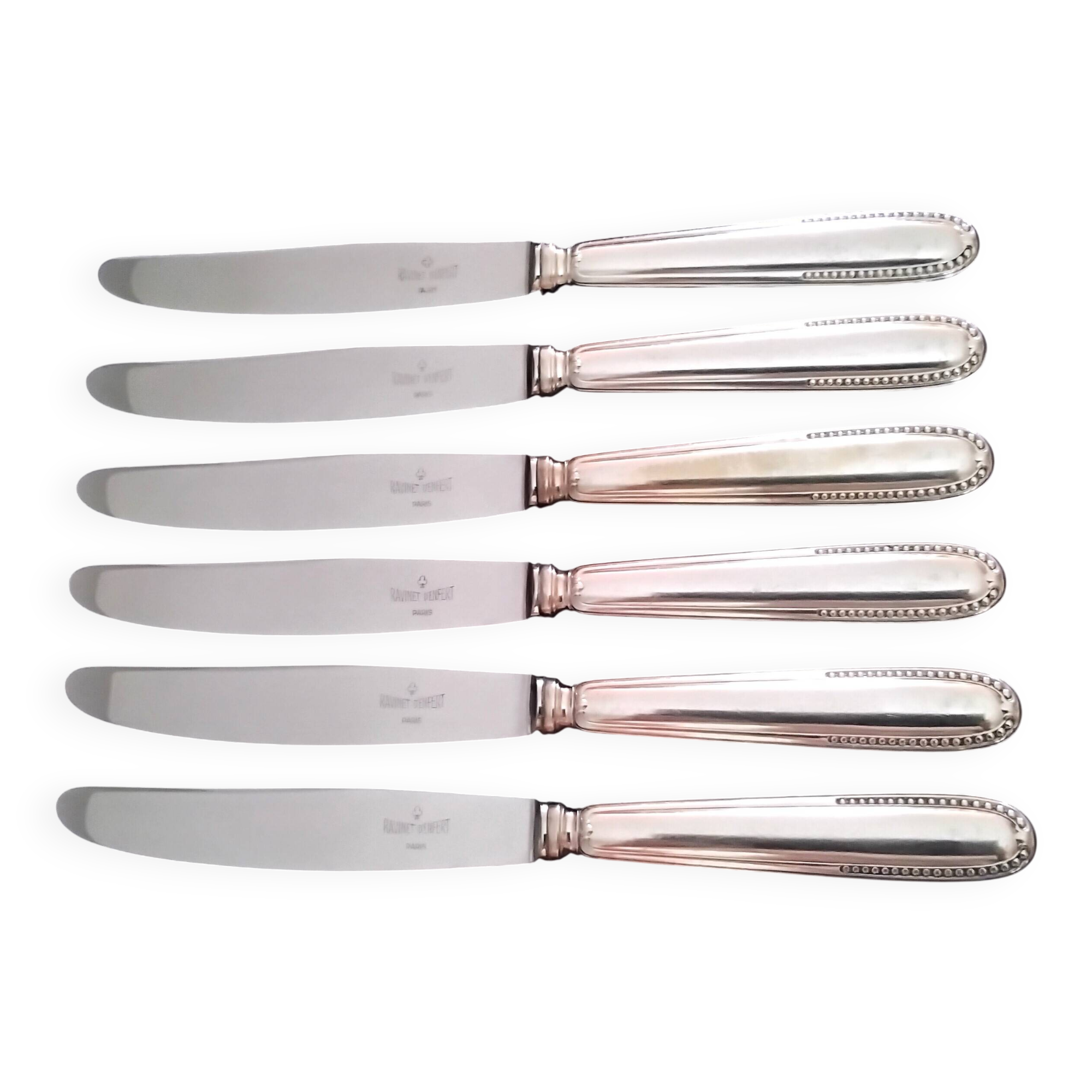 6 Silver-Plated Metal Table Knives Ravinet d'Enfert Beaded Model