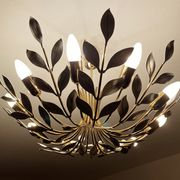 Large Pendant Lamp Vintage Pattern Bouquet Leaves, Brass, White Gold, 50s