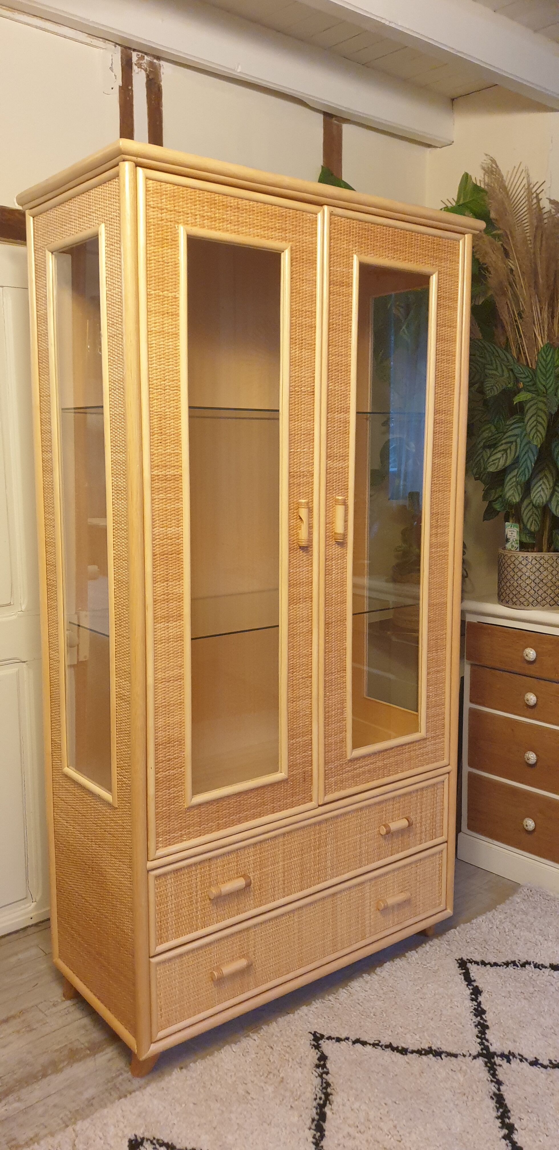 Rattan glass cabinet