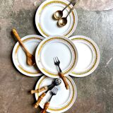 5 assiettes plates St Amand en faïence jaune et dorée
