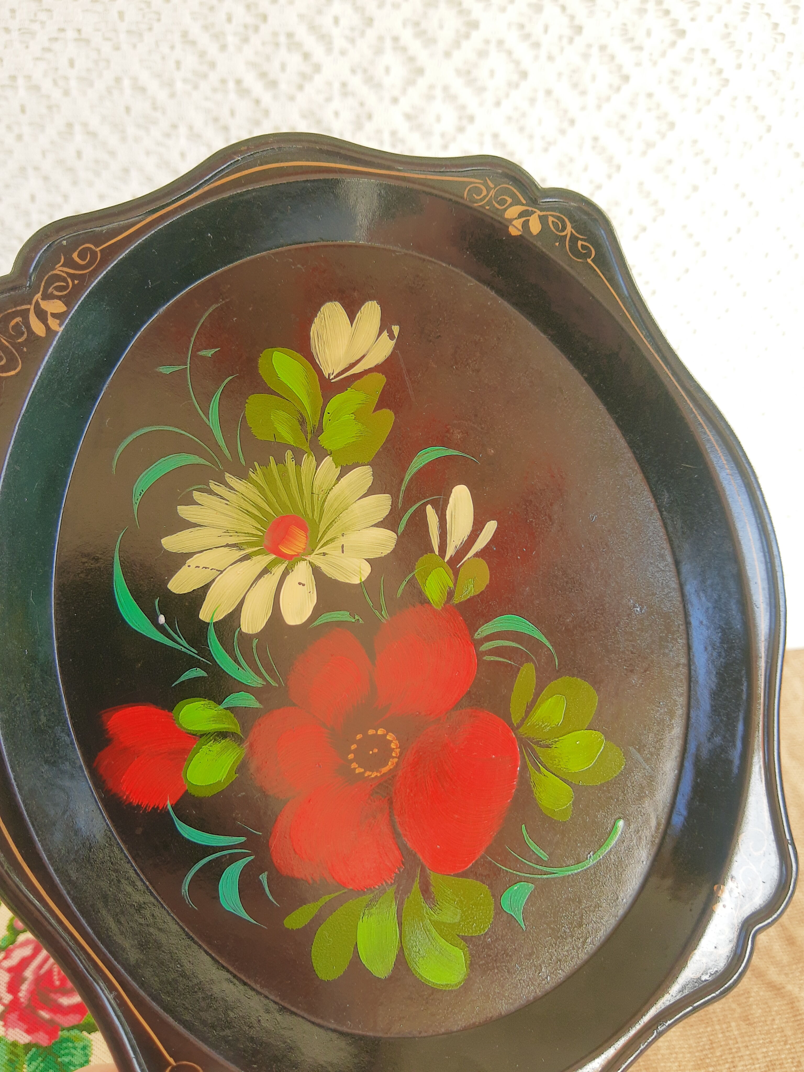 Set of 3 plastic trays vintage Russian flowers
