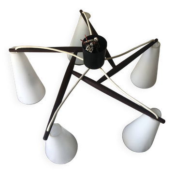 Scandinavian 5-light teak and opaline chandelier