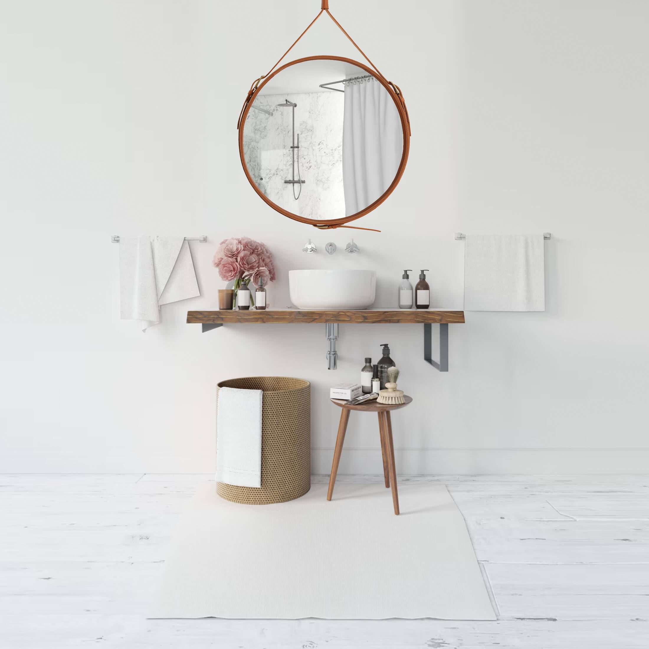 Handmade J. Adnet style mirror in tan color veg-tanned leather, ø58  cm
