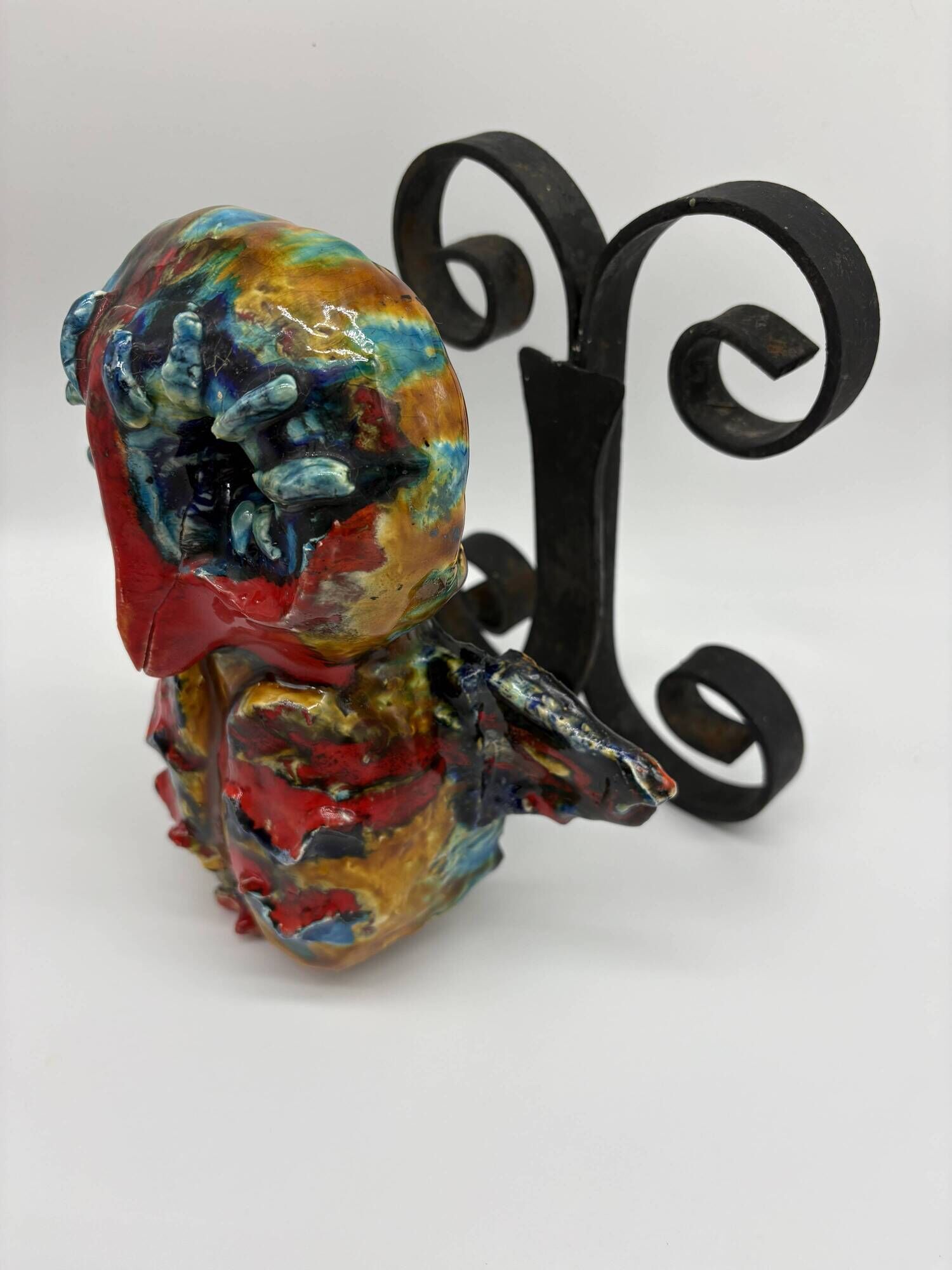 Owl Sculpture in Glazed Ceramic Dated 1991 on Wrought Iron Base