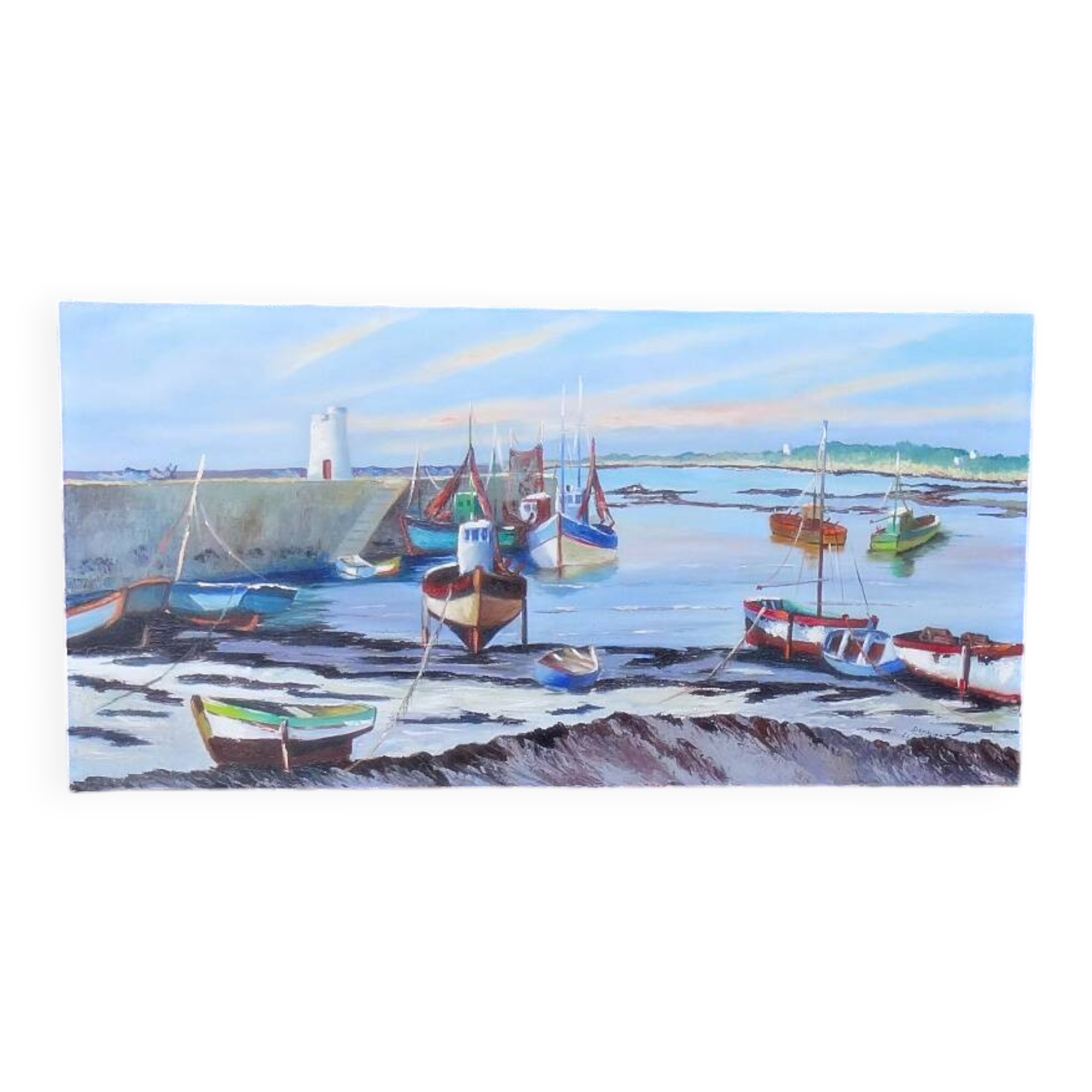 Huile sur toile scène portuaire de Saint Malo signé Jean Pierre Devilliers