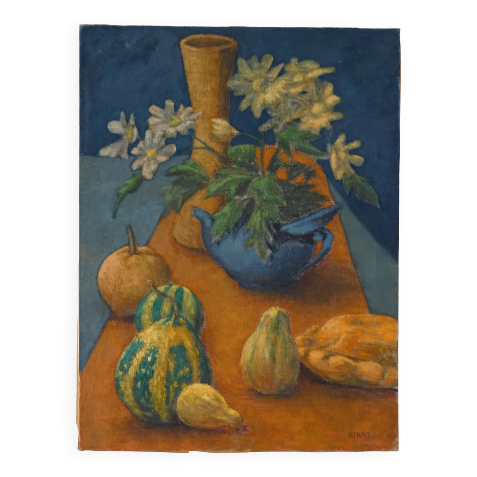 Tableau nature morte au bouquet de fleurs et légumes HST signé