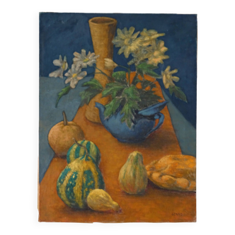 Tableau nature morte au bouquet de fleurs et légumes HST signé