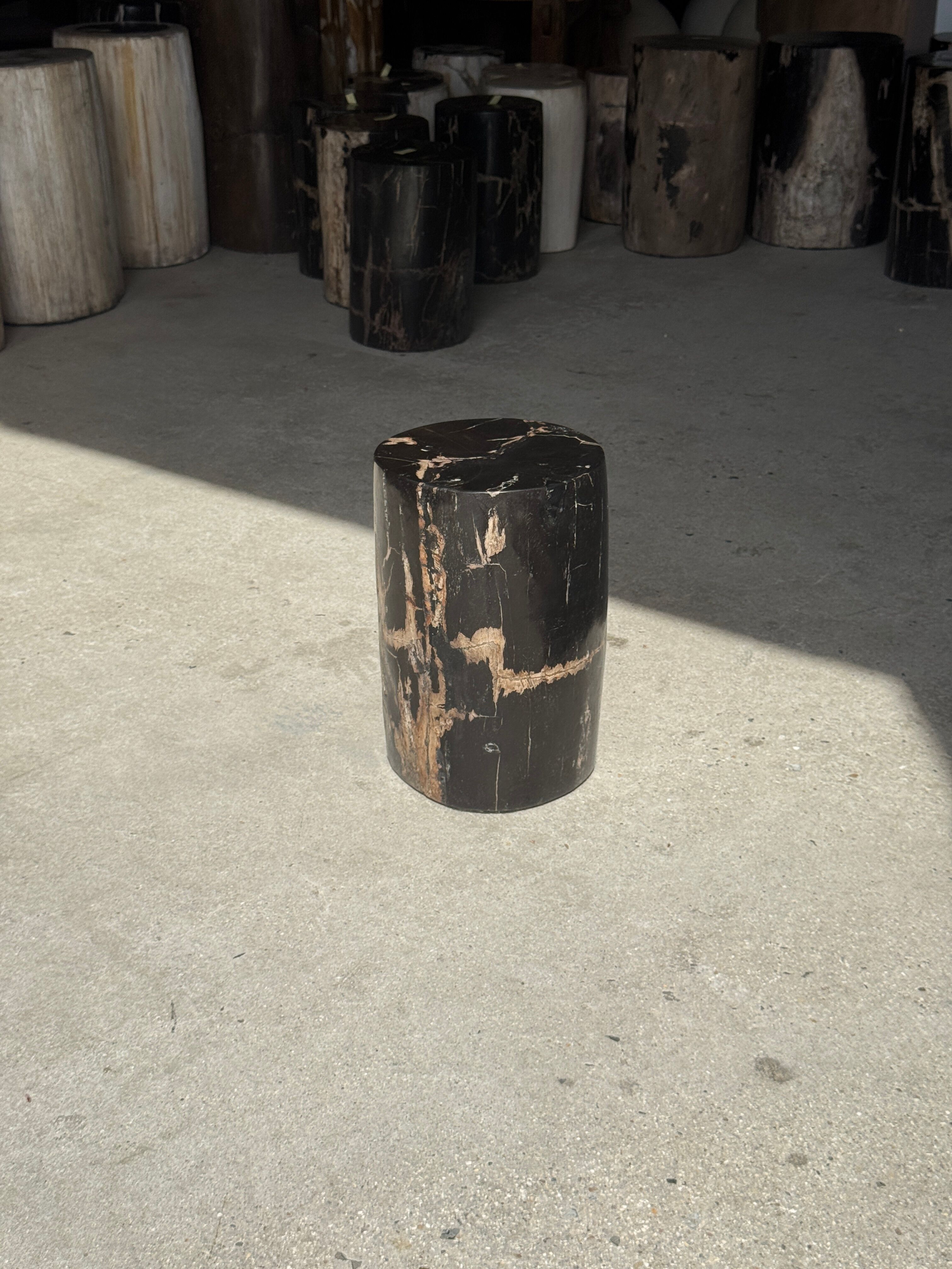 Small side table in black petrified wood with stripes and beige bottom H28.