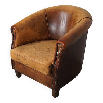 Fauteuil club vintage en cuir couleur cognac, pays-bas