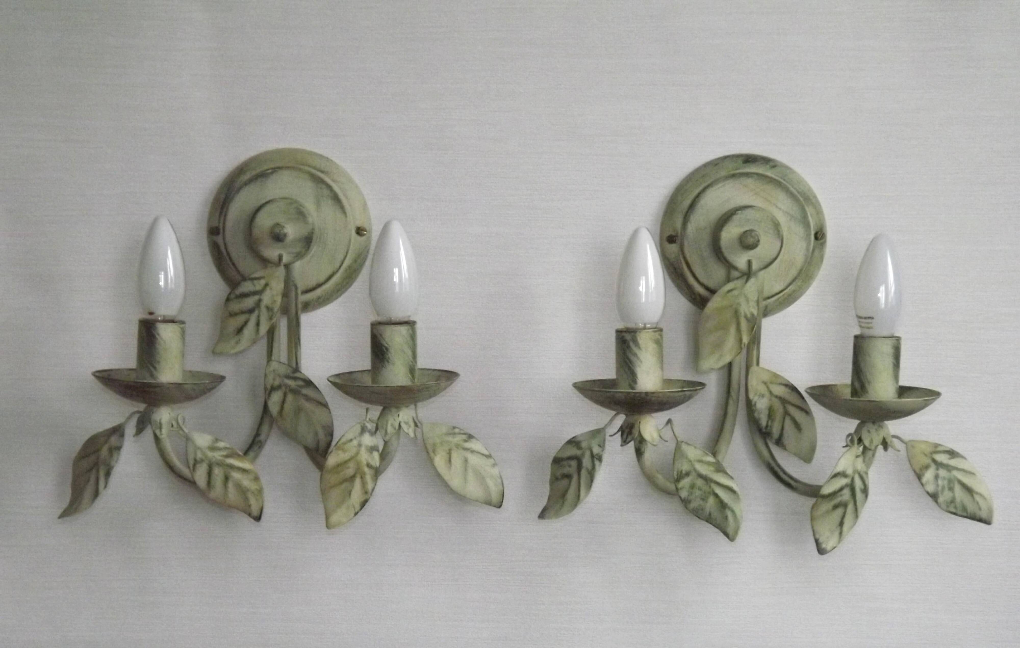 Pair of Vintage Italian Double Wall Lights Leaf Detail Green & Gold Finish