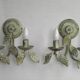 Pair of Vintage Italian Double Wall Lights Leaf Detail Green & Gold Finish