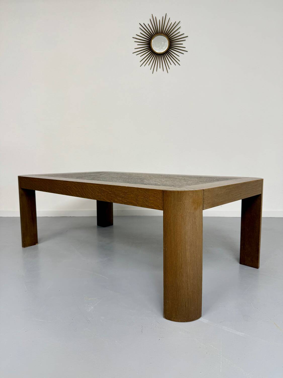 Old coffee table in wood and granite stone, vintage design from the 70s