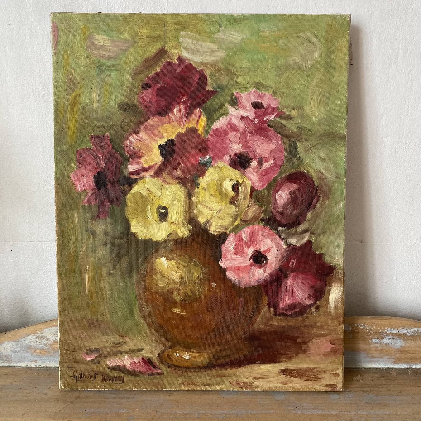 Painting bouquet, oil on canvas on frame flowers 35X27.