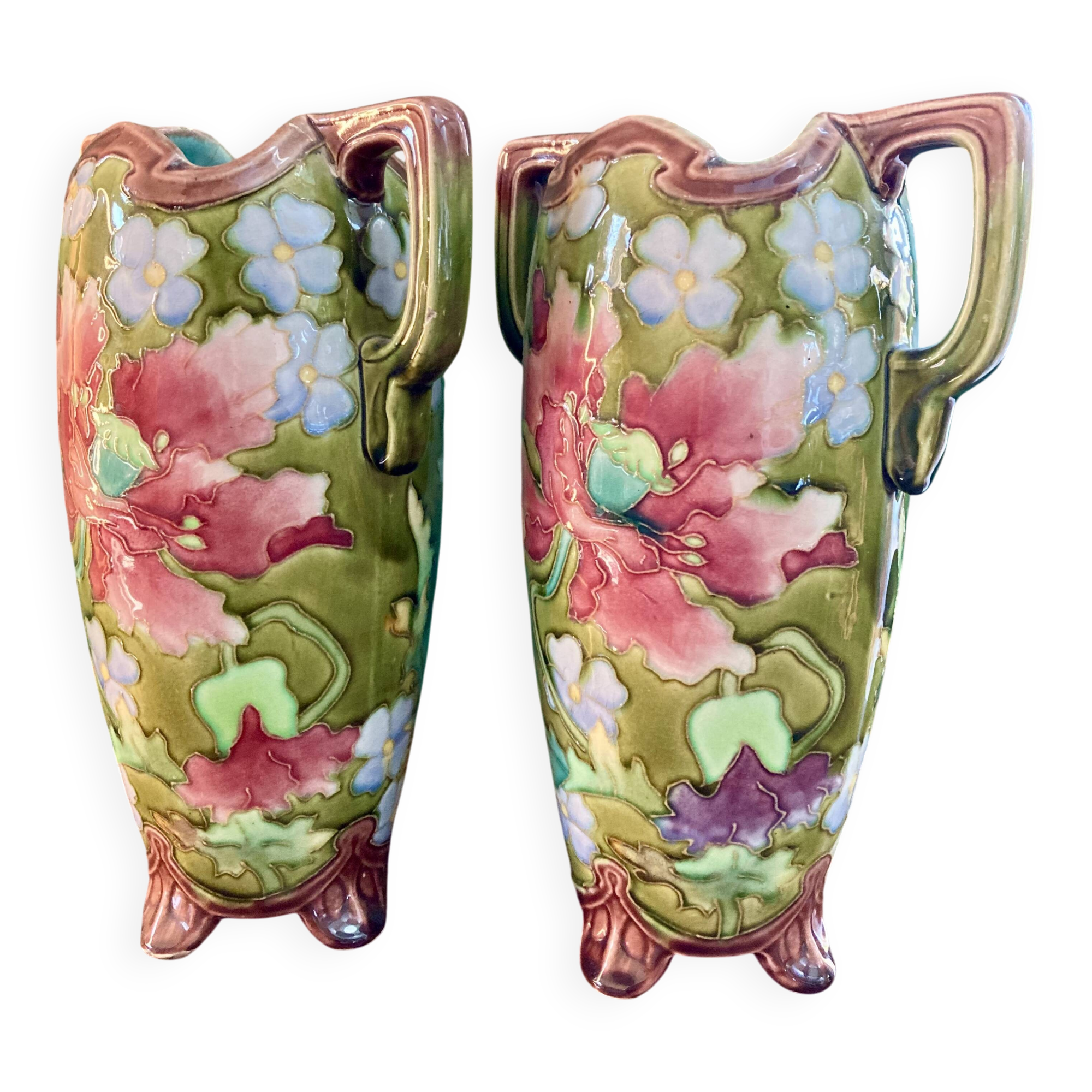 Pair of Art Nouveau Teplitz vases, circa 1900 - Relief earthenware - Amphora style RStK