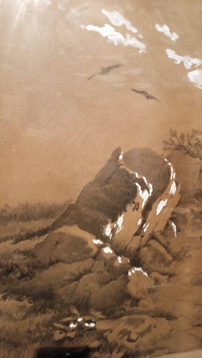 Grande peinture de paysage, techniques mixtes, 19e siècle