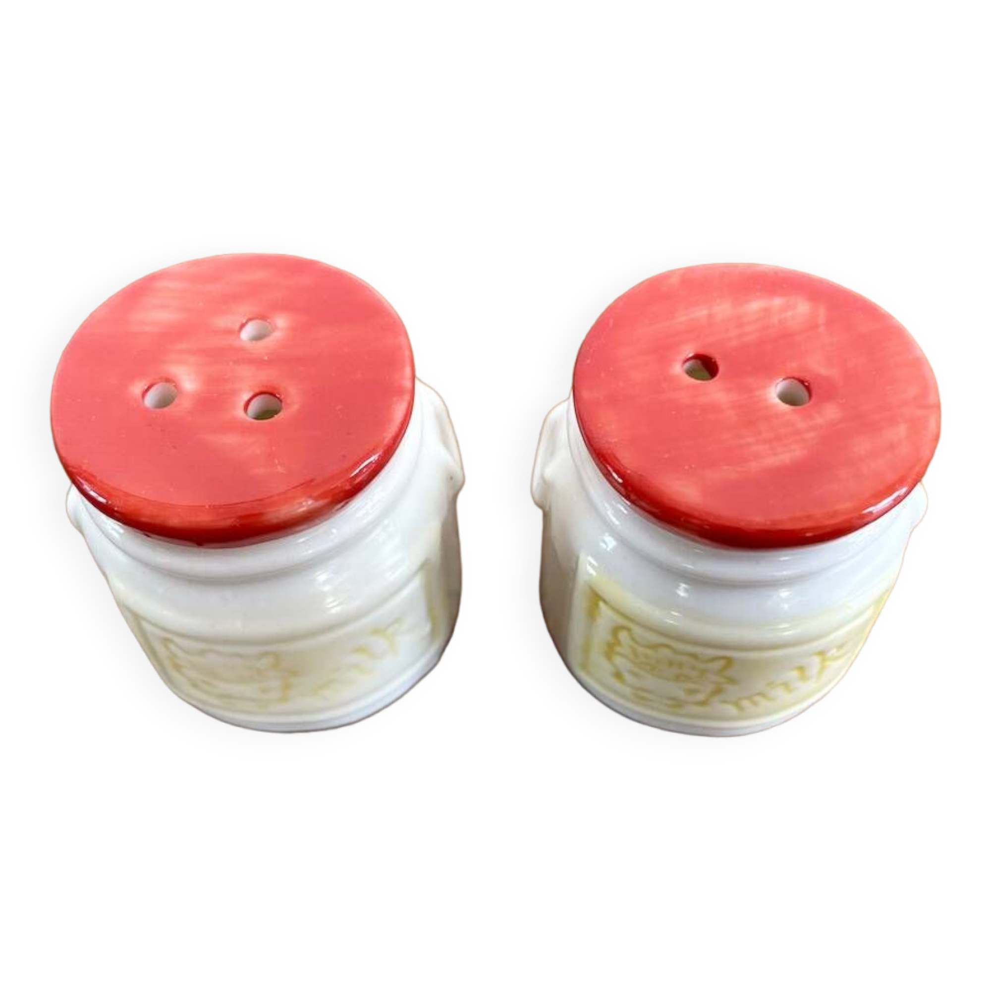 Salt and pepper shakers in the shape of milk cans with a cow on it, dutch vintage ceramic tableware
