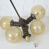 Wooden sputnik vintage pendant lamp / mid-century rustic hanging lamp 1970s