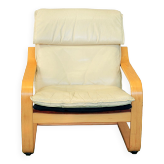 wooden armchair with beige leather