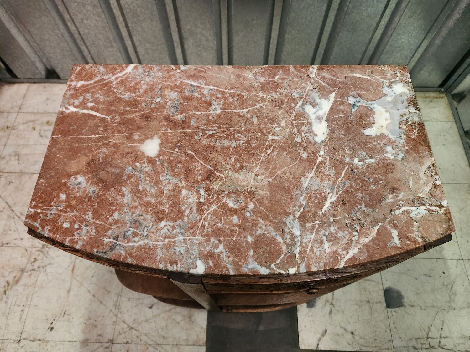 Old bedside table in wood and marble