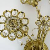 Large pair of vintage Palwa crystal and brass flower wall lights with 4 lights. 70s