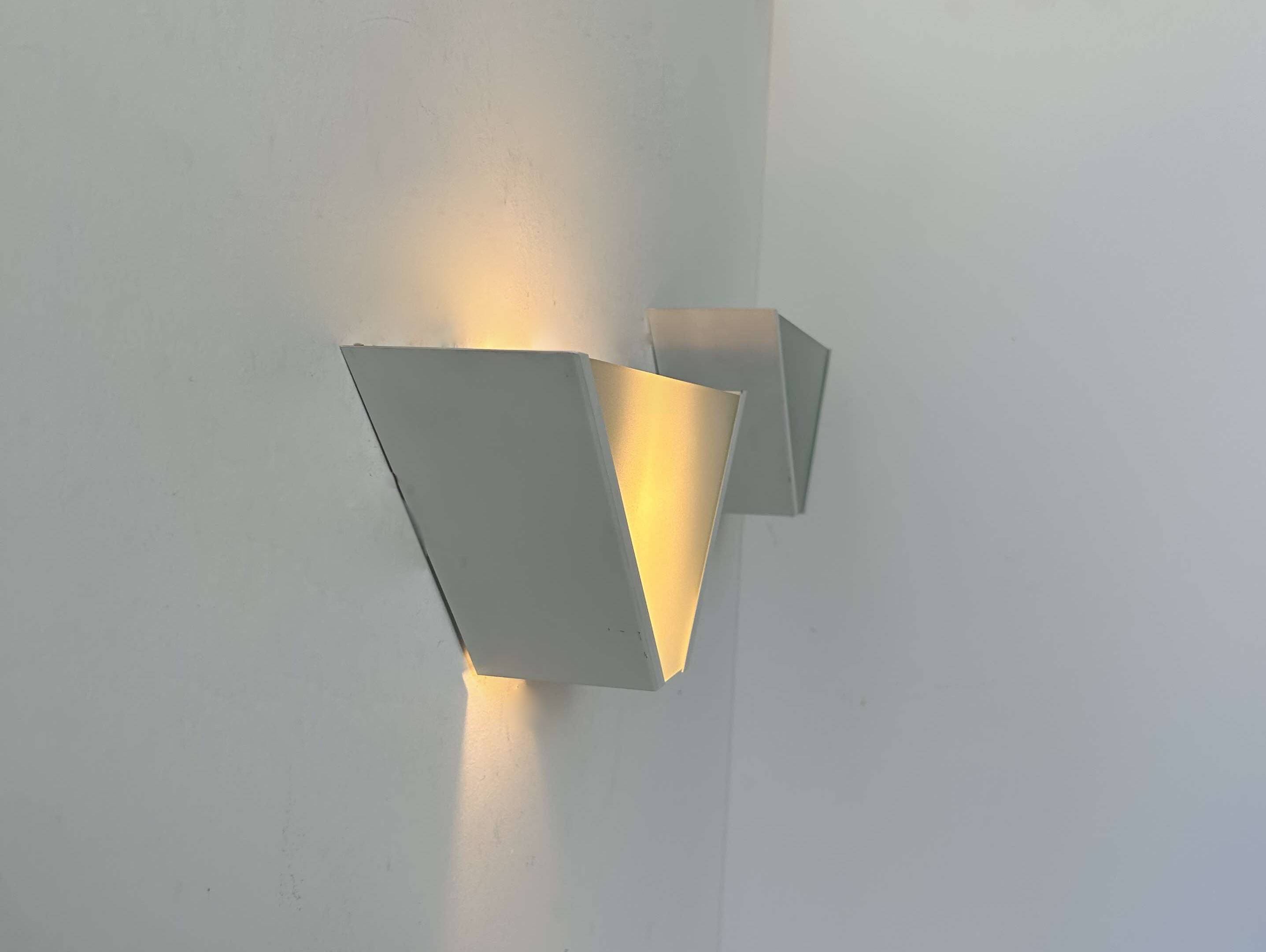 Pair of vintage geometric wall lights, sandblasted glass and white metal, Italy 1970