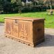 18th century chest, front view, carved with Menorahs and Hebrew symbols