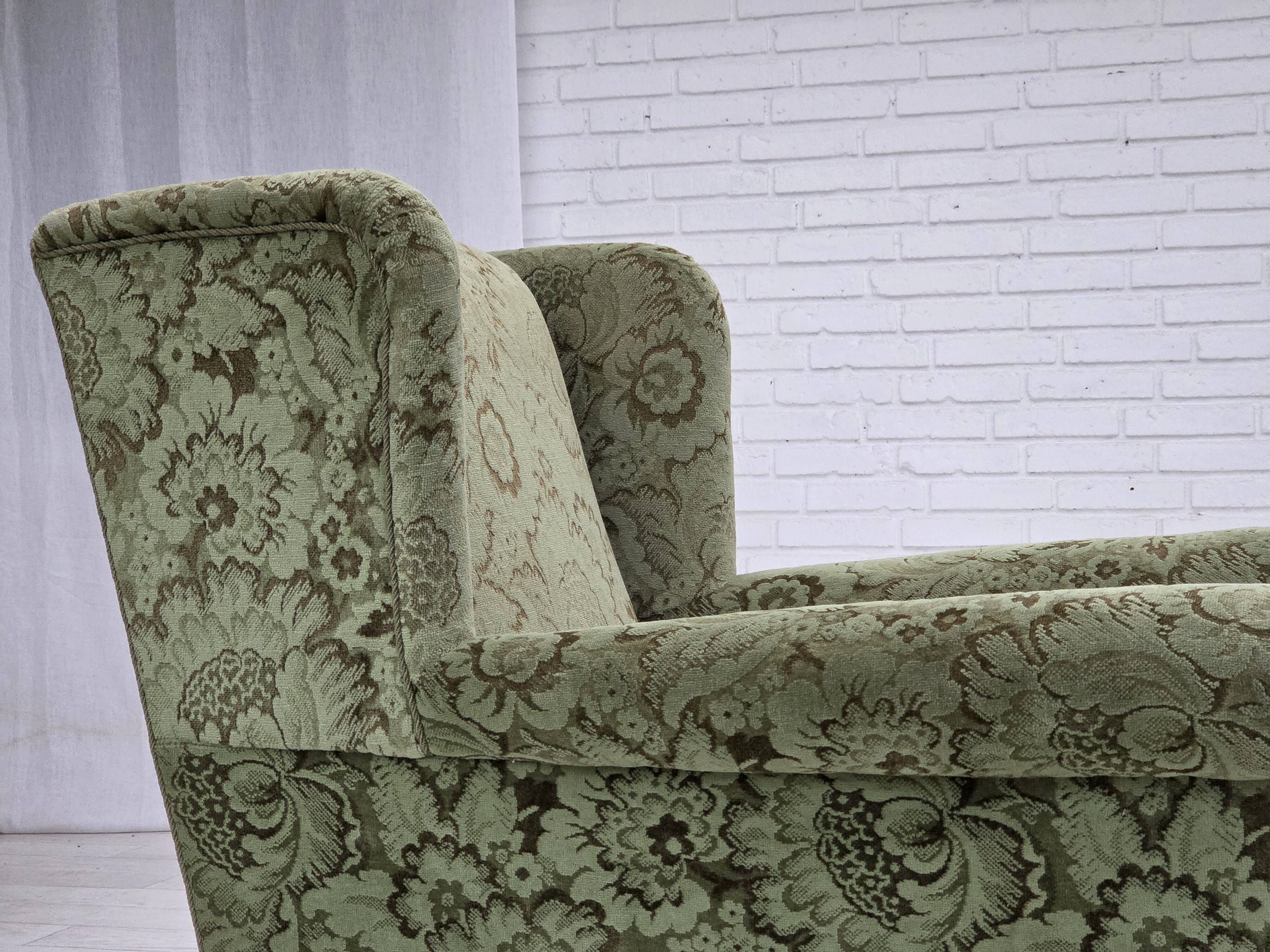 1950s, Danish relax armchair, green furniture velour, carved oak wood.