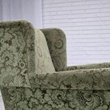 1950s, Danish relax armchair, green furniture velour, carved oak wood.