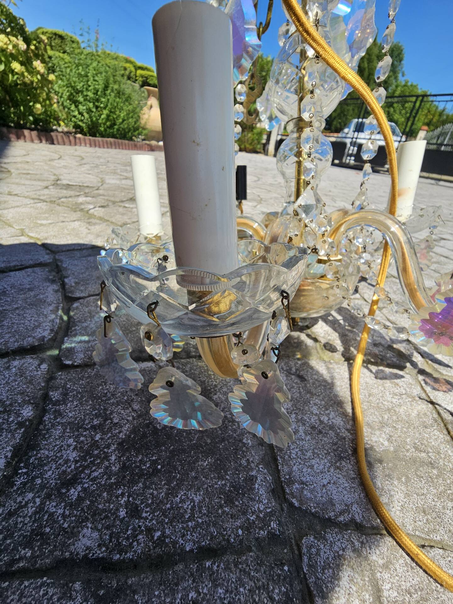 Antique chandelier with glass and crystal pendants, 5 lights, Venetian style.