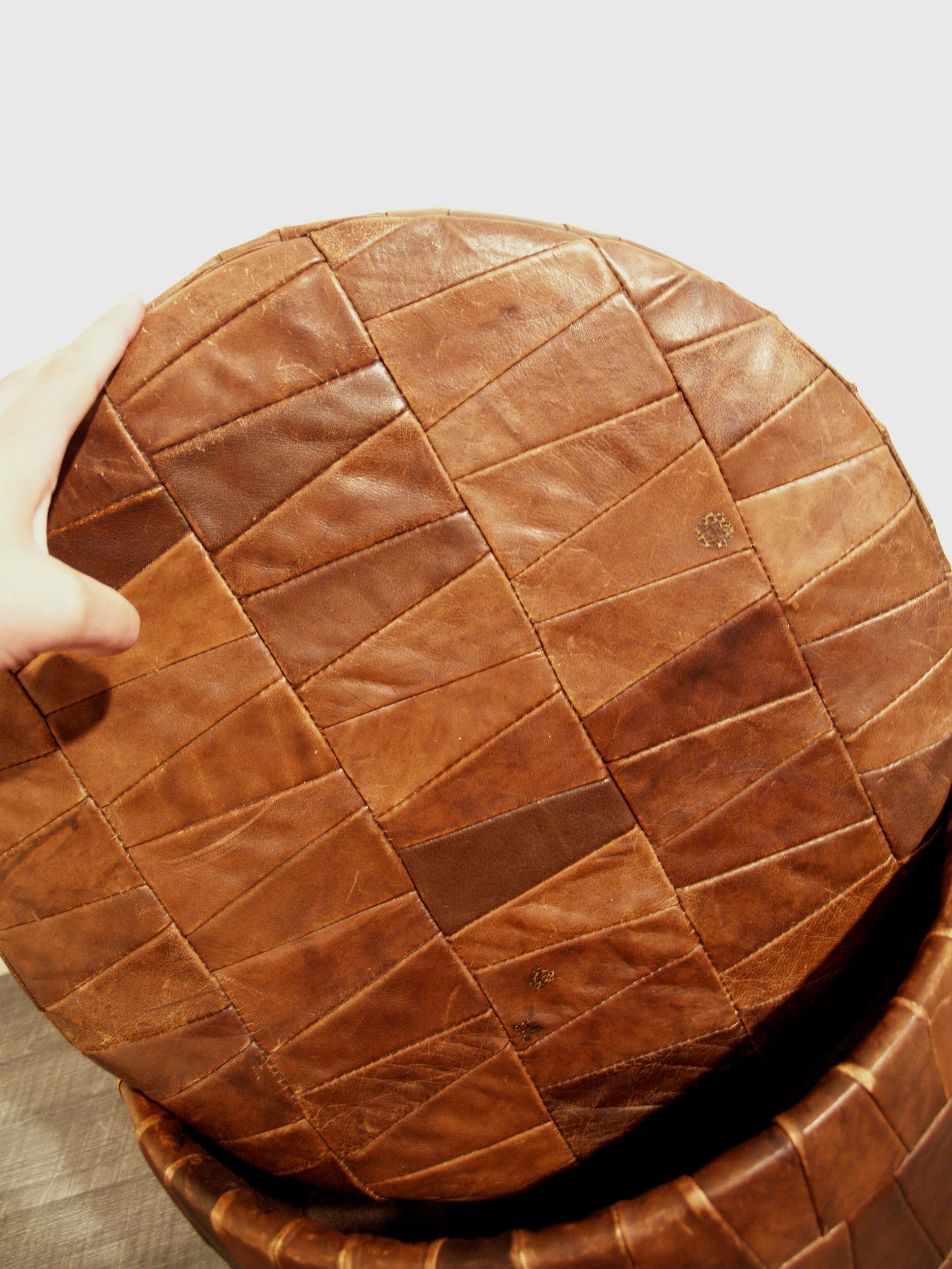 Patchwork leather storage pouf, 1970s