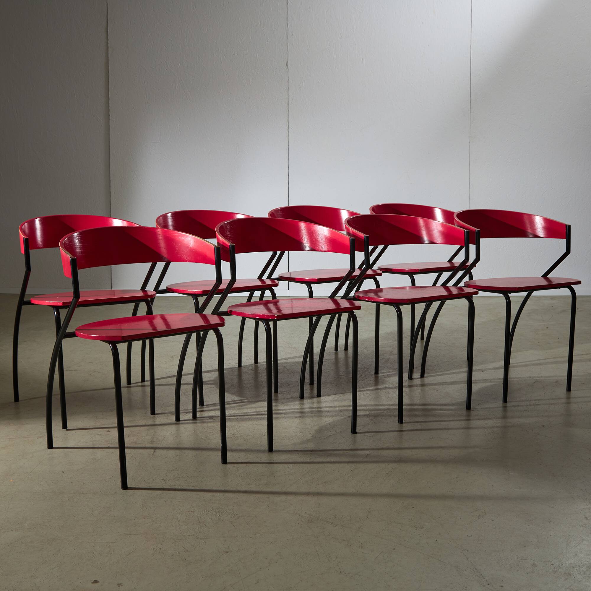Red Plywood and Curved Metal Frame Chair