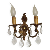 French Vintage Art Nouveau Style Double Bronze & Crystal Wall Light