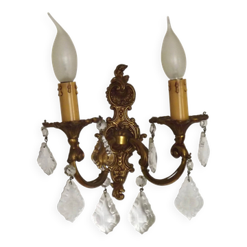 French Vintage Art Nouveau Style Double Bronze & Crystal Wall Light