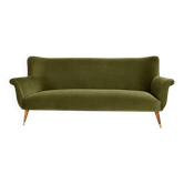 Canapé vintage années 60 en velours vert olive – entièrement restauré