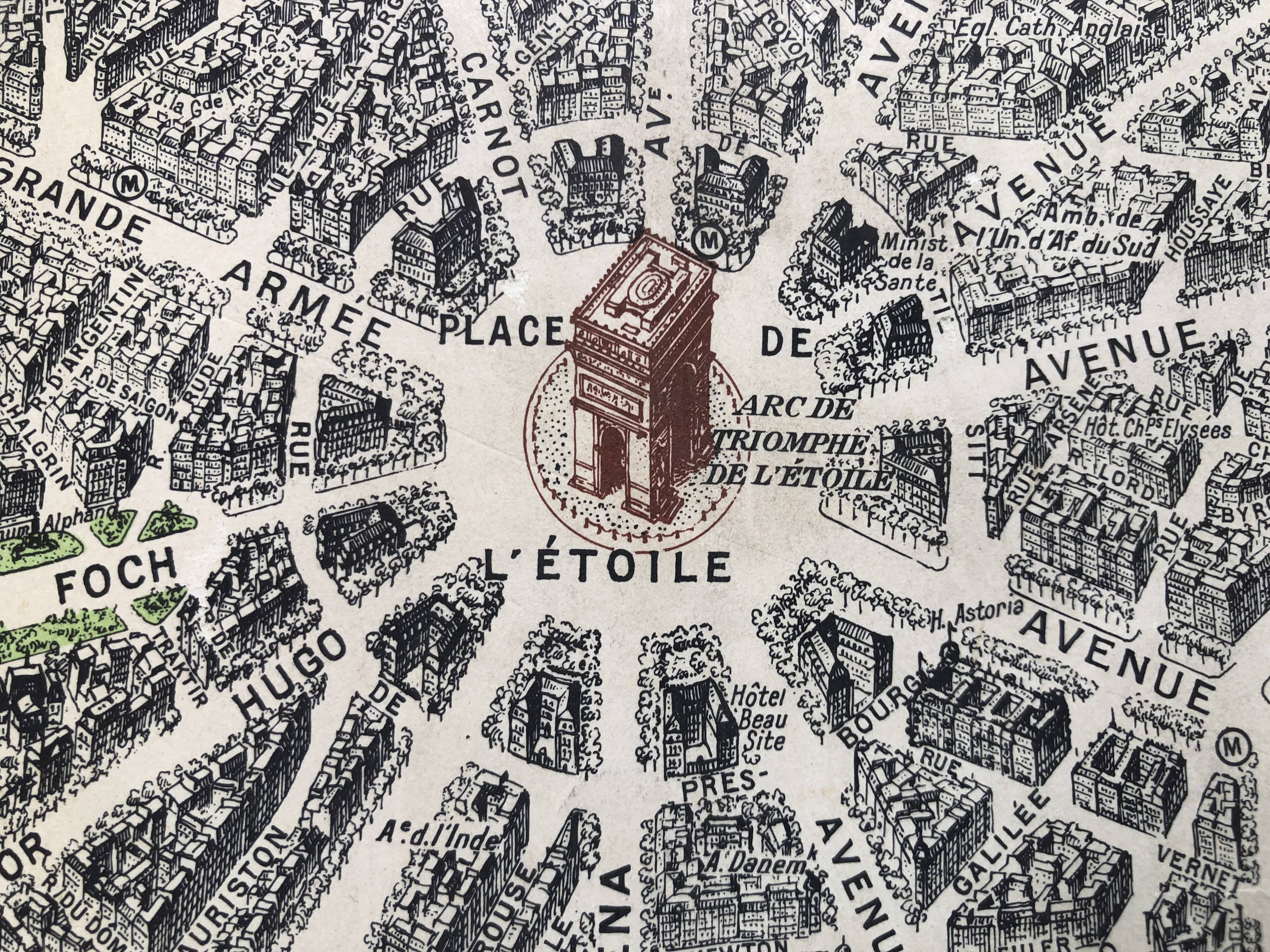 1959 map view of the center of paris from a bird's eye, n° 63 blondel la rougery, tourism commission