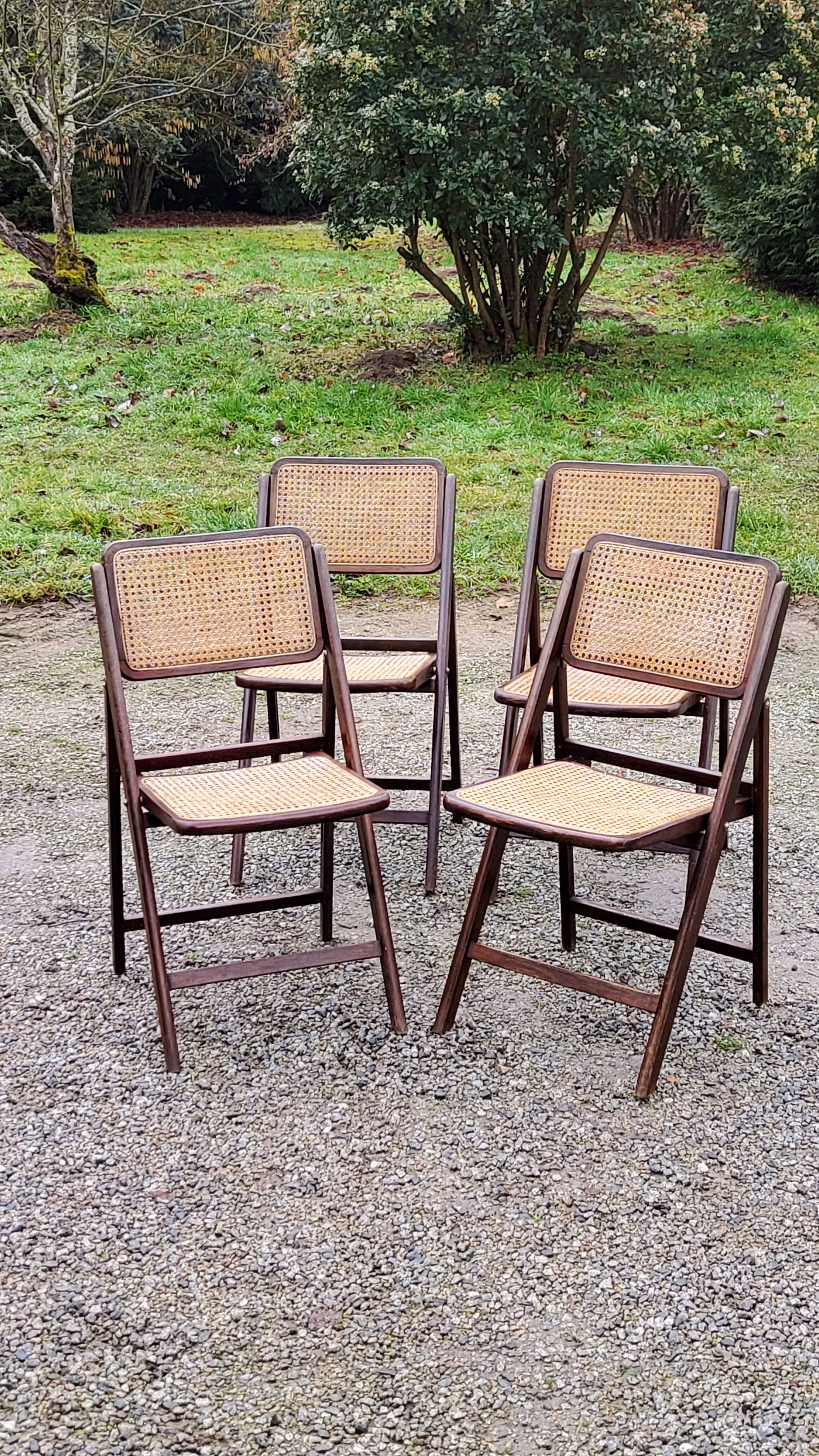 Set of 4 folding chairs wood and canning of the 70s